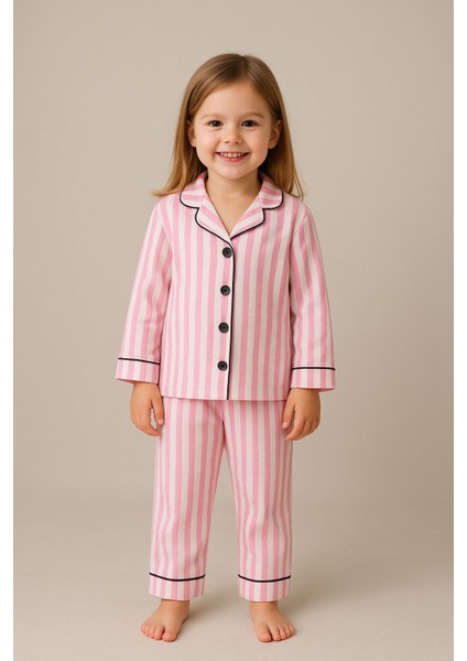 Kız Çocuk Pembe Çizgili Düğmeli Uzun Kollu Alt Üst Pijama Takımı %100 Pamuklu