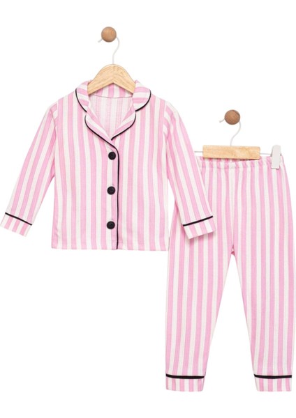 Kız Çocuk Pembe Çizgili Düğmeli Uzun Kollu Alt Üst Pijama Takımı %100 Pamuklu fiyatları