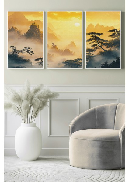 Altın Tonlarda Sisli Dağ Manzarası 3’lü Kanvas Tablo