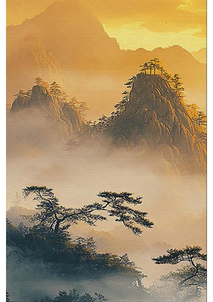 Altın Tonlarda Sisli Dağ Manzarası 3’lü Kanvas Tablo fiyatları