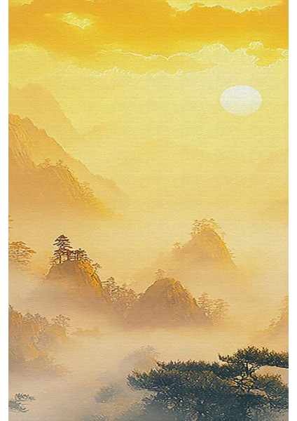 Altın Tonlarda Sisli Dağ Manzarası 3’lü Kanvas Tablo modelleri