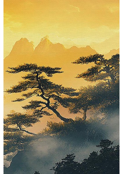 Altın Tonlarda Sisli Dağ Manzarası 3’lü Kanvas Tablo fırsatları