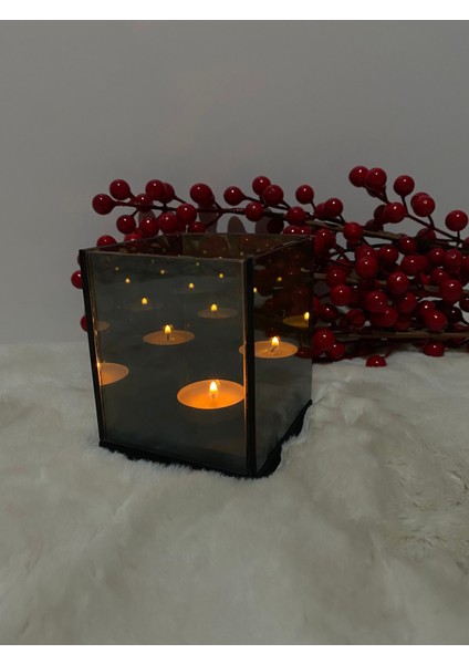 Ahşap Tabnlı Sonsuz Aynalı Mumluk, Tekli Mum Yuvalı Dekorasyon