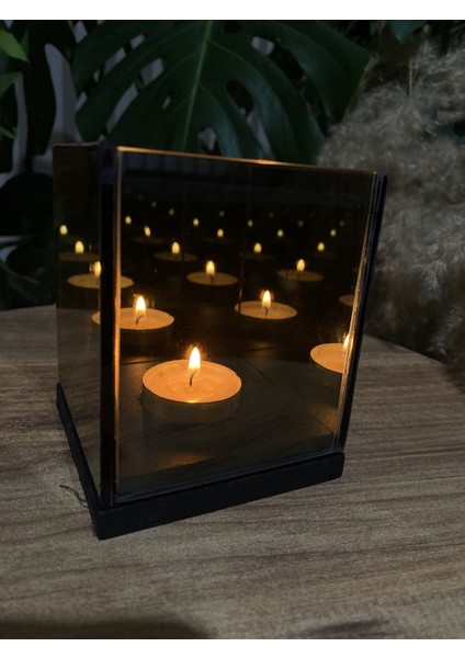 Ahşap Tabnlı Sonsuz Aynalı Mumluk, Tekli Mum Yuvalı Dekorasyon fiyatları