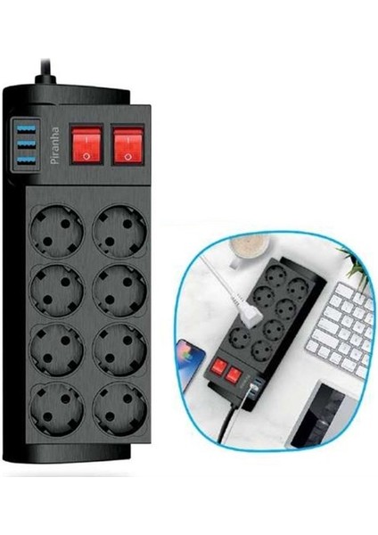 Isıya Dayanıklı Termal Akım Korumalı 2 Metre 16A 4000W 8li Priz ve 3 USB Li Uzatma Kablosu (5415)