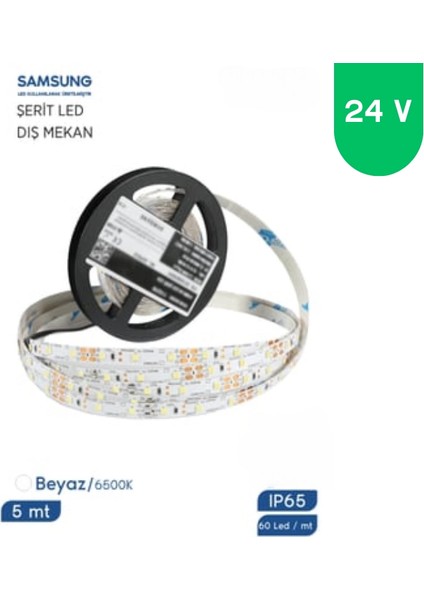 24 Volt 2835 Samsung 60 LED 6500 K Beyaz Dış Mekan 5 Metre Şerit LED IP65