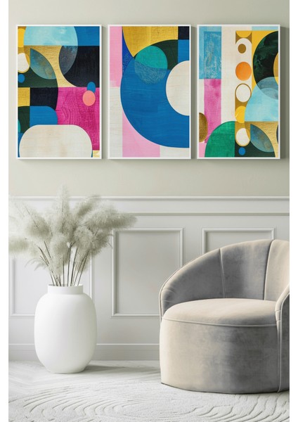 Renkli Geometrik Daireler Modern Soyut 3’lü Kanvas Tablo