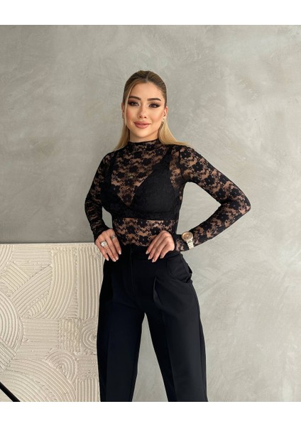 Kadın Uzun Kollu Transparan Çıtçıtlı Bodysuit Bluz fırsatları