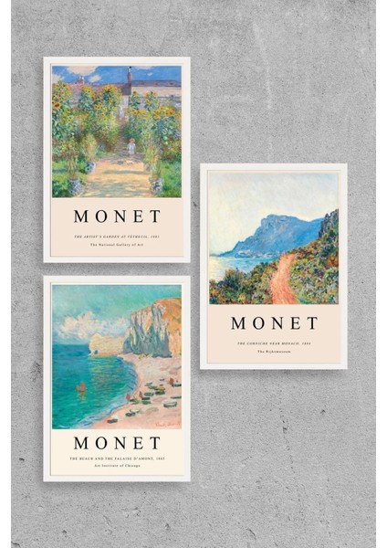 Monet Üçlü Ahşap Çerçeveli Tablo