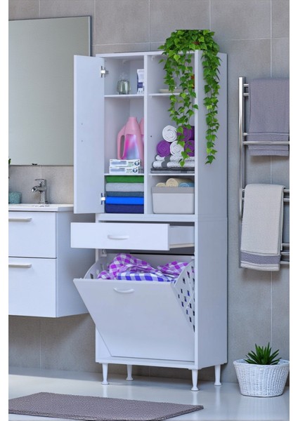 Mira Dolap 6 Bölme Çok Fonksiyonlu Banyo Dolabı 55 cm Beyaz Sepetli Dolap 55X171X32,5 cm Organizer