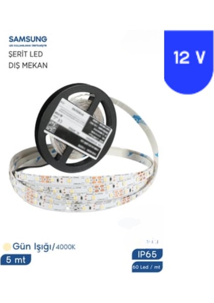 12 Volt 2835 Samsung 60 LED 4000 K Naturel Beyaz Dış Mekan 5 Metre Şerit LED IP65