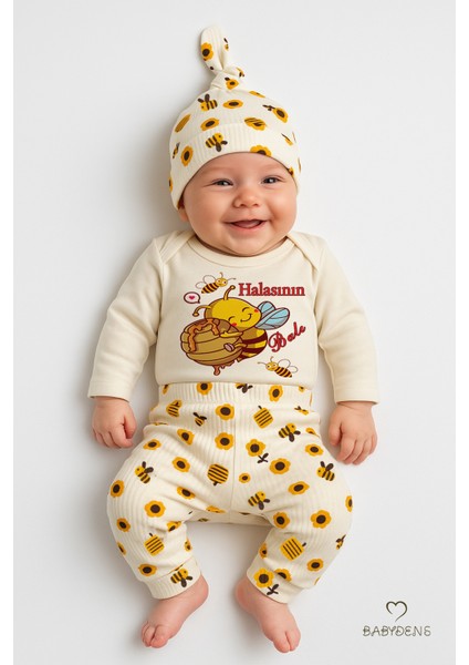 Halasının Balı 3’lü Yenidoğan Takım %100 Pamuk Uzun Kol Body,çiçek Arı Desenli Ribana Pantolon,bere