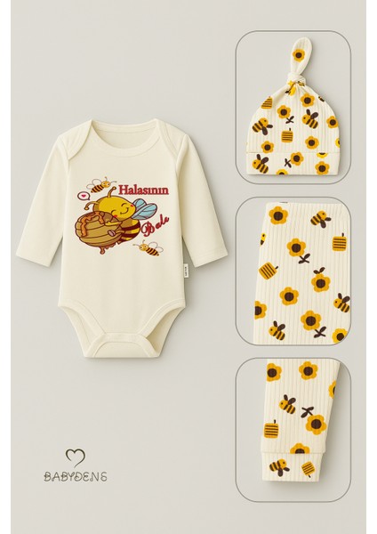 Halasının Balı 3’lü Yenidoğan Takım %100 Pamuk Uzun Kol Body,çiçek Arı Desenli Ribana Pantolon,bere fiyatları