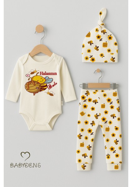 Halasının Balı 3’lü Yenidoğan Takım %100 Pamuk Uzun Kol Body,çiçek Arı Desenli Ribana Pantolon,bere modelleri