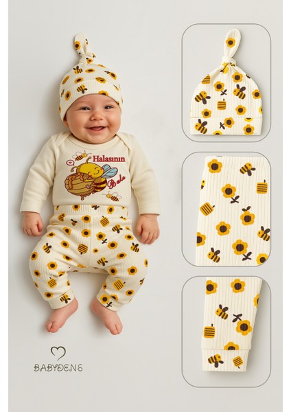 Halasının Balı 3’lü Yenidoğan Takım %100 Pamuk Uzun Kol Body,çiçek Arı Desenli Ribana Pantolon,bere fırsatları