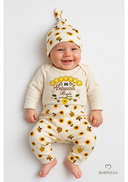 Babasının Balı 3’lü Yenidoğan Takım %100 Pamuk Uzun Kol Body,çiçek Arı Desenli Ribana Pantolon,bere