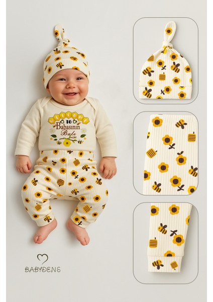 Babasının Balı 3’lü Yenidoğan Takım %100 Pamuk Uzun Kol Body,çiçek Arı Desenli Ribana Pantolon,bere modelleri