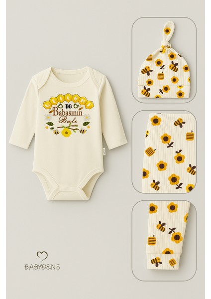 Babasının Balı 3’lü Yenidoğan Takım %100 Pamuk Uzun Kol Body,çiçek Arı Desenli Ribana Pantolon,bere fırsatları