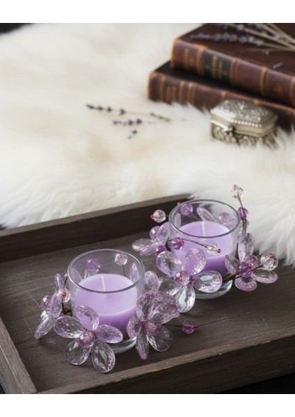 Iki Parçalı Mor Akrilik Çiçekli Cam Bardak Seti