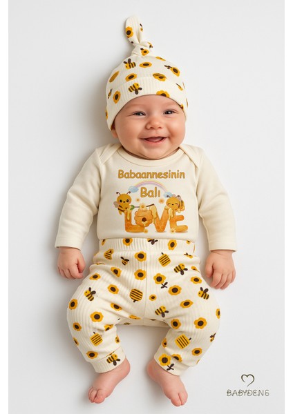 Babaannesinin Balı 3’lü Yenidoğan Takım Pamuklu Uzunkol Body,çiçek Arı Desenli Ribana Pantolon,bere