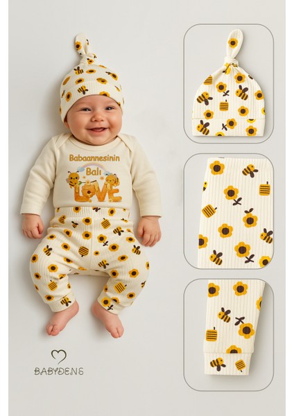 Babaannesinin Balı 3’lü Yenidoğan Takım Pamuklu Uzunkol Body,çiçek Arı Desenli Ribana Pantolon,bere fiyatları