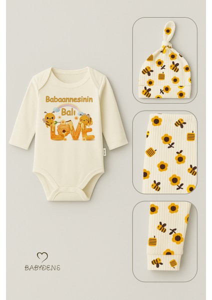 Babaannesinin Balı 3’lü Yenidoğan Takım Pamuklu Uzunkol Body,çiçek Arı Desenli Ribana Pantolon,bere modelleri