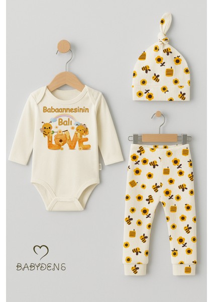 Babaannesinin Balı 3’lü Yenidoğan Takım Pamuklu Uzunkol Body,çiçek Arı Desenli Ribana Pantolon,bere fırsatları
