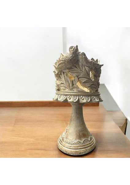 Krem Eskitme Dekoratif Polyester Kuşlu Ayaklı Şamdan Mumluk 23X11X10 cm