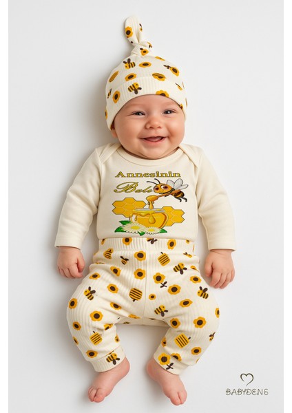 Annesinin Balı 3’lü Yenidoğan Takım %100 Pamuk Uzun Kol Body,çiçek Arı Desenli Ribana Pantolon,bere