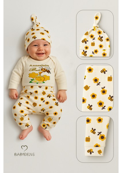 Annesinin Balı 3’lü Yenidoğan Takım %100 Pamuk Uzun Kol Body,çiçek Arı Desenli Ribana Pantolon,bere modelleri