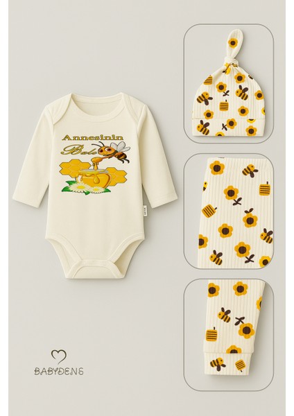 Annesinin Balı 3’lü Yenidoğan Takım %100 Pamuk Uzun Kol Body,çiçek Arı Desenli Ribana Pantolon,bere fırsatları