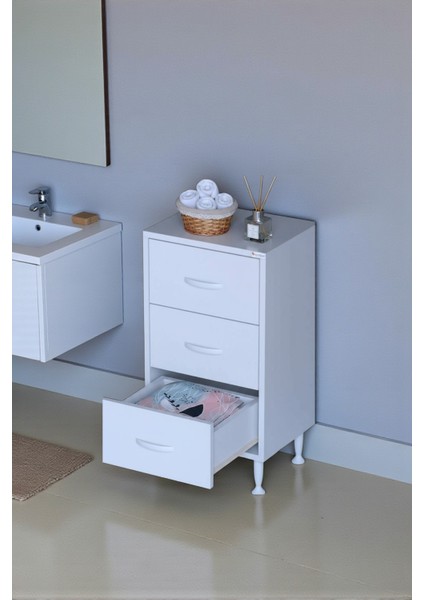 Seçer 3 Çekmeceli 40 cm Banyo ve Mutfak Dolabı Beyaz 40X75X32,5 cm Çok Amaçlı Organizer Dolap