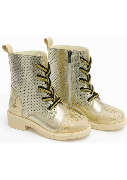 Kadın Hakiki Deri Altın Rengi Bağcıklı Yan Fermuarlı Bot