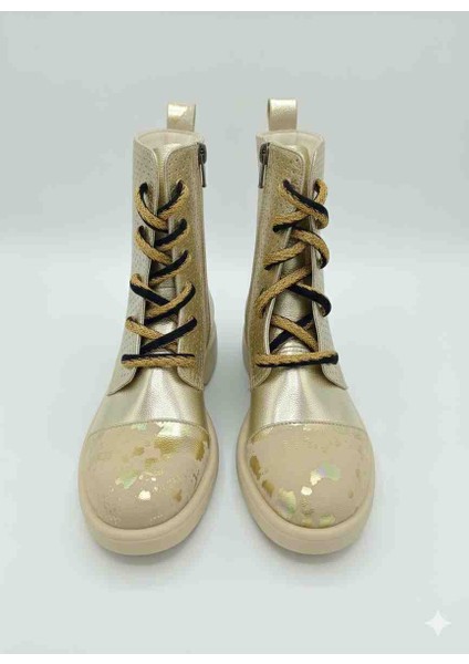 Kadın Hakiki Deri Altın Rengi Bağcıklı Yan Fermuarlı Bot fiyatları