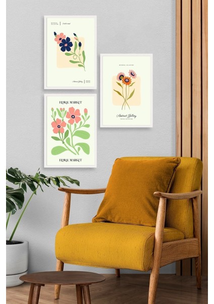 Flower Market Üçlü Ahşap Çerçeveli Tablo modelleri