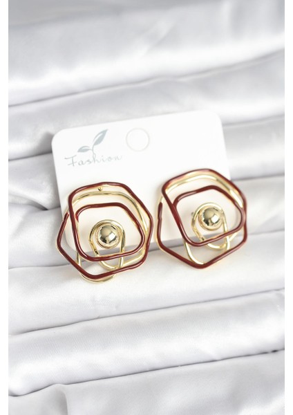 Pirinç Gold Renk Bordo Mineli Geometrik Gül Model Kadın Küpe - TJ-BKP11374