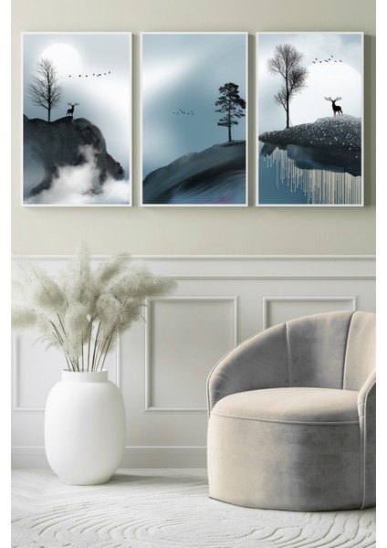 Sisli Dağlar ve Geyik Silüeti 3’lü Kanvas Tablo