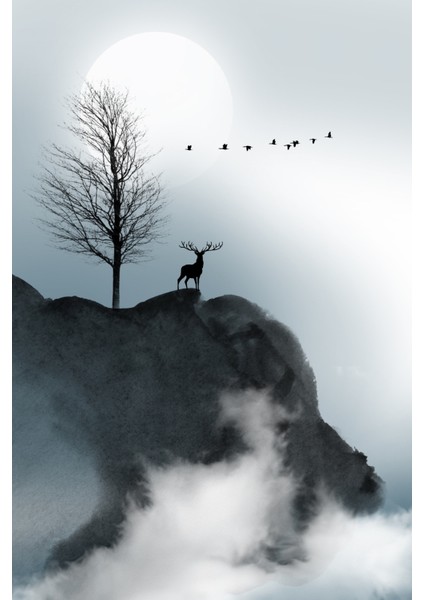 Sisli Dağlar ve Geyik Silüeti 3’lü Kanvas Tablo fiyatları