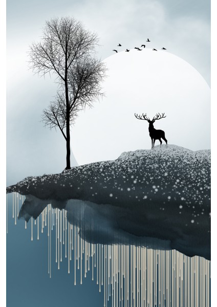 Sisli Dağlar ve Geyik Silüeti 3’lü Kanvas Tablo fırsatları