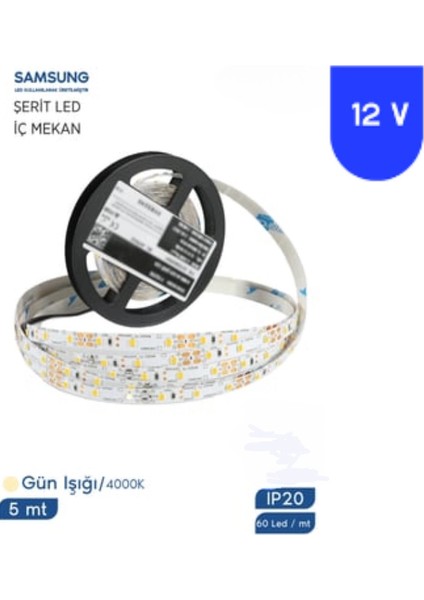 12 Volt 2835 Samsung 60 LED 4000 K Naturel Beyaz Iç Mekan 5 Metre Şerit LED