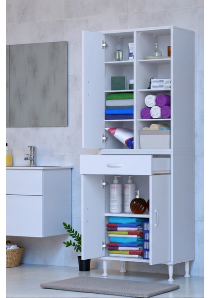 Funci Beyaz Renk G:55 cm Banyo Dolabı 3 Kapaklı 7 Raflı Dolap 55X173X32,5 cm Boyutlarında Dolap