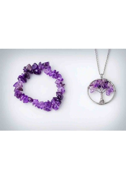 Gerçek Ametist Taşlı Kolye & Bileklik Seti, Hayat Ağacı Tasarım, Şifa ve Enerji Takısı-Özel Seri