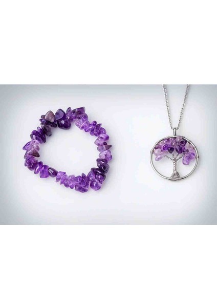 Gerçek Ametist Taşlı Kolye & Bileklik Seti, Hayat Ağacı Tasarım, Şifa ve Enerji Takısı-Özel Seri modelleri