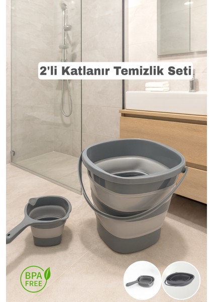 2'li Büyük Boy Katlanır Kova ve Katlanır Maşrapa Seti - Organizer , Düzenleyici - Temizlik Seti
