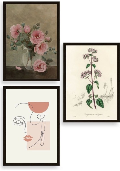 Çiçek Üçlü Ahşap Çerçeveli Tablo