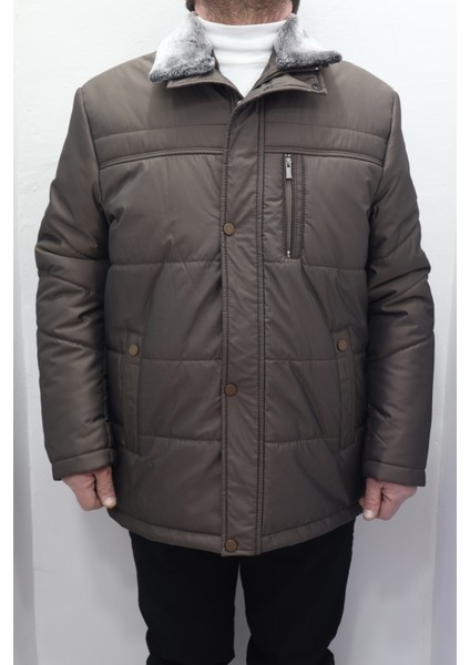 Fistan Store Erkek Yakası Kürklü Normal Kalıp Fermuar ve Çıtçıt Kapamalı Battal Kışlık Mont