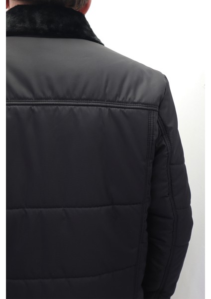 Fistan Store Erkek Yakası Kürklü Normal Kalıp Fermuar ve Çıtçıt Kapamalı Battal Kışlık Mont