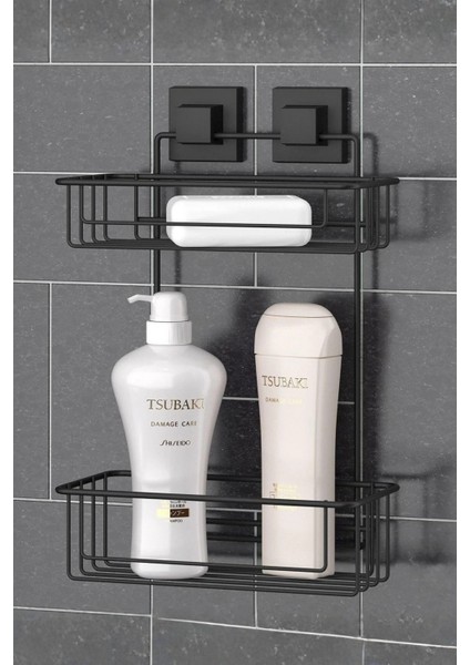 Tekno Tel EF-256 Siyah 2 Katlı Düz Banyo Rafı | Yapışkanlı/vidalı Deliksiz Duş Organizeri
