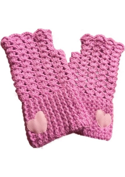 El Örgüsü Kalpli Yarım Parmak Pembe Eldiven