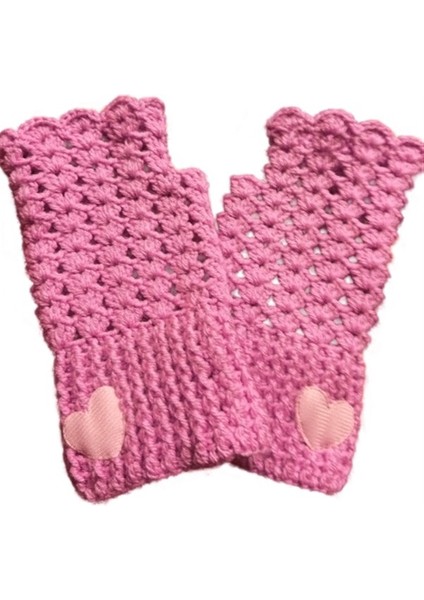 El Örgüsü Kalpli Yarım Parmak Pembe Eldiven modelleri